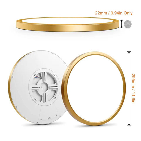 Two Pack 12 Inch Gold Flush Mount Led Ceiling Lights, Ultra Thin Round Flat Fixture, side and back view with size details