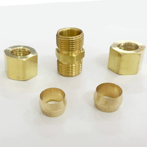 Brass compression tube fittings set with union coupling pieces for 1/8 to 1/2 in tubing, front view.