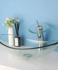 Slick 22 Inch Clear Glass Vessel Sink For Bathroom Oval Above Counter Bowl with Modern Waterfall Faucet and Pop Up Drain Combo