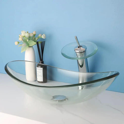 Slick 22 Inch Clear Glass Vessel Sink For Bathroom Oval Above Counter Bowl with Modern Waterfall Faucet and Pop Up Drain Combo