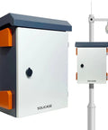 Heavy Duty Outdoor Electrical Box Built Different With Heat Dissipating Fan Vent And Easy Swap Shelves Straight Up Galvanized Weatherproof Cabinet For Real Work Sites, white and gray enclosure with orange accents.