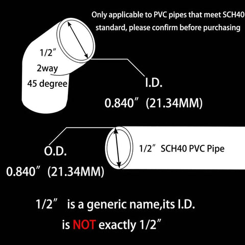 Diagram showing Two Way 45 Degree PVC Elbow Fittings for DIY Frames and Structures, dimensions and specifications included.