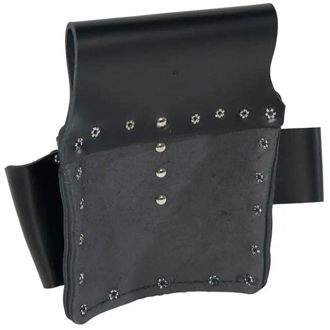 Black leather tool pouch with rivet accents, part of Leather Tool Pouch Go-To 8 Pocket Carry System, moisture-resistant design