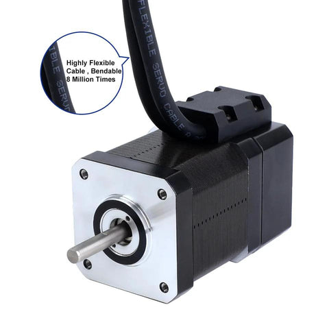 Closed-loop NEMA 17 stepper motor, front view with silver mounting flange, black housing, and attached cable