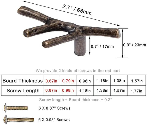 Hella Stylish Tree Twig Cabinet Knobs 6 Pack Bronze Zinc Alloy Drawer Pulls Solid Build For Mountain Cabin Kitchen Cupboard Single Hole Hardware With Screws, dimensions 2.7 inches.