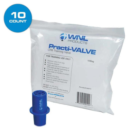 WNL Practi-Valve CPR training valve, 10-pack, blue disposable valve beside a white training bag.