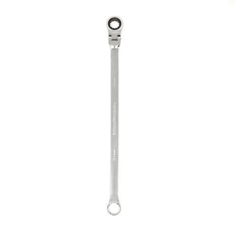 GearBox 12 Pt XL Flex Head Double Box Ratcheting Wrench 21mm Pro Grade Heavy Duty, straight view showing flex head and length.