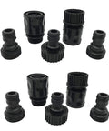 Heavy Duty Plastic Garden Hose Connector Set With Quick Release And Male And Female Hose Fittings Water Hose Thread Adapters From Quick Connect To Standard Three Quarters Inch Thread Black Ten Piece Kit shown.