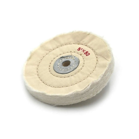 5 Inch 50-Ply Cotton Polishing Wheel With 10mm Arbor Bench Grinder Buffer for metal and wood finishing jobs, visible round design.