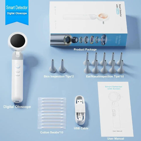 Otoscope Ear Camera With Light And Built In One Point Four Inch HD Screen Plug And Play Ear Scope For Quick No Fuss Home Checks 1080P Clarity USB PC Compatible No Apps Needed For Viewing, white handheld kit