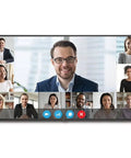 86 Inch 4K UHD Screen With Straight Fire HDR Clarity Built For Bold Digital Signage Displays And Modern Workspaces Featuring multiple video call participants in a business setting.