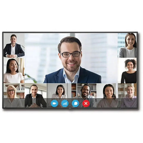 86 Inch 4K UHD Screen With Straight Fire HDR Clarity Built For Bold Digital Signage Displays And Modern Workspaces Featuring multiple video call participants in a business setting.