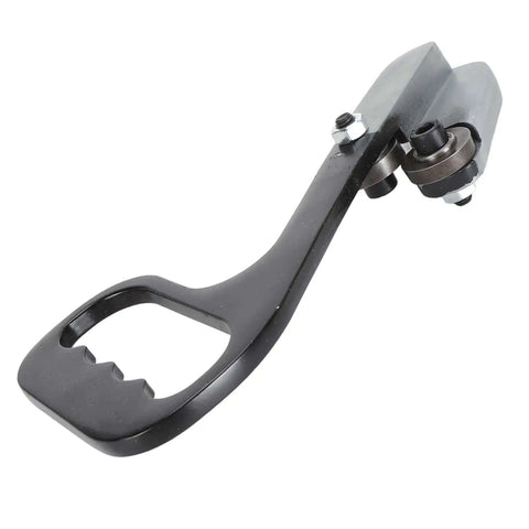Manual Hand Pull Sheet Cutter For Metal And Plastic No Power Needed, close-up of black CrMoV blade and ergonomic handle design.