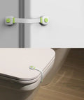 Kid Proof Cabinet Locks Set 4 Pack Adhesive Safety Straps on fridge and toilet lid, ABS and PE material for toddler safety.