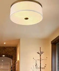 Modern Semi Flush Mount Ceiling Light With Large 19.7 Inch White Textile Drum Shade And Antique Gold Metal Base, hallway view