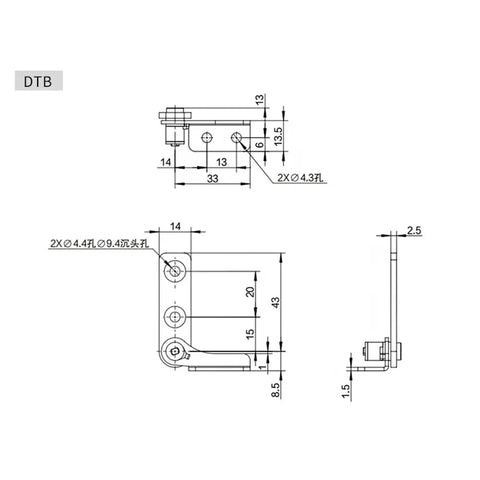 Technical drawing of Stainless Steel Damping Hinge With Adjustable Torque Stop For Doors And Lids DTB Anywhere Pivot.