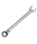 Close-up of a single polished wrench from the 8 Piece 72 Tooth 12 Point Reversible Ratcheting Wrench Set In SAE With 15 Degree Offset Pro Grade Surface Drive Box End Fully Polished Includes Five Sixteenths Through Three Quarters Of An Inch Molded Tray Lifetime Warranty
