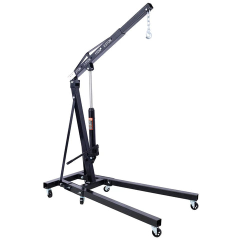 Heavy Duty Two Ton Folding Engine Hoist and Cherry Picker Shop Crane, black steel frame with hydraulic lift and caster wheels.