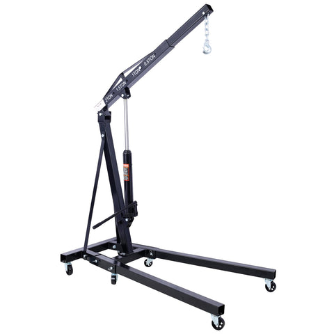 Hella Stable 2 Ton Folding Engine Hoist Cherry Picker with adjustable arm and smooth rolling caster wheels.