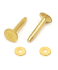Fifty Pack Dang Solid Brass Stud Rivets And Flat Washers Size 12 Three Quarter Inch Long Tough As Nails hardware for leather crafting, displaying two brass rivets and two washers.