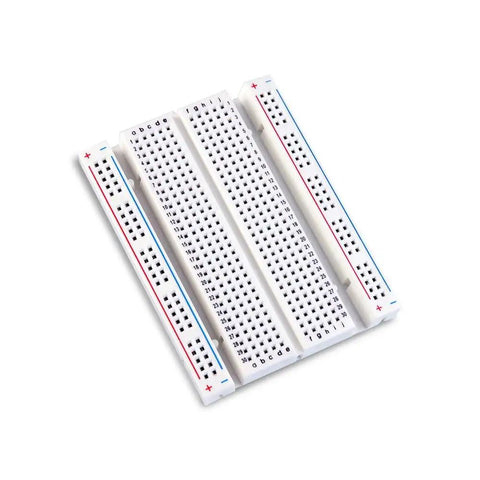 400 Tie Point Breadboard With Dual Power Rails For Jumper Wires Three Pack White PP Plastic Body With Black Legend And Color Distribution Strips Self Adhesive Backing For Easy Mount On Prototyping Shields And DIY Electronics Projects, angled view