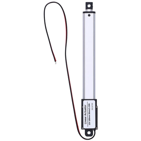Compact 12V Mini Linear Actuator With No Fuss Operation Aluminum Tube Frame, 100mm stroke, visible wiring for connection.