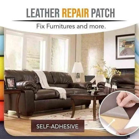 Large Self Adhesive Leather Repair Patch For Furniture Couches Chairs And Car Seats Quick Fix installed on brown sofa