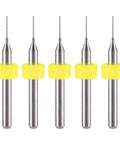 Front view of PCB drill bits set; five carbide bits with yellow protective collars