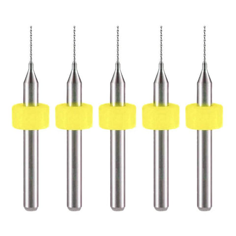 Front view of PCB drill bits set; five carbide bits with yellow protective collars
