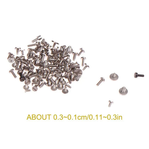 100 Piece Watch Battery Clamp Screw Assortment Set Hella Durable Precision Micro Fasteners for Quick Watch Repair and Jewelry Crafting with assorted silver screws.