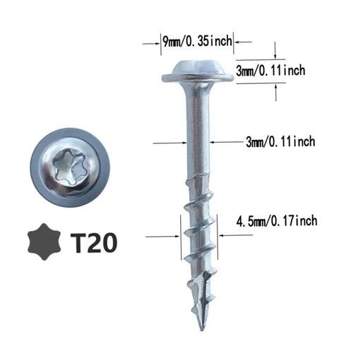 Pocket Hole Screws Self Tapping Torx T20 Coarse Thread Wood Screws 1 1 4 Inch 32mm Silver 100 Pack Built For Hardwood Fences Decks Outdoor Projects No Fuss DIY Woodworking With Durable Carbon Steel Construction shown with measurements