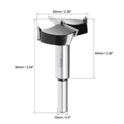 Boxonly 60mm woodworking Forstner drill bit with tungsten carbide, silver metal shank, front view