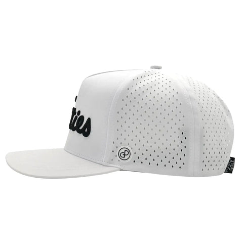 Side view of Performance Golf Hat With Breathable Laser Holes And Adjustable Strapback For A Sharp Witty On Course Look in crisp white
