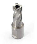 Workhorse High Speed Steel Annular Cutter With 3/4 Inch Weldon Shank built for clean cuts in steel, viewed from side angle.