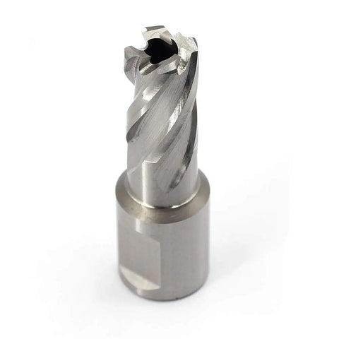 Workhorse High Speed Steel Annular Cutter With 3/4 Inch Weldon Shank built for clean cuts in steel, viewed from side angle.