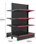 Hardcore Heavy Duty Double Sided Metal Shelving Unit With Adjustable Four Tier Steel Storage Rack For Garage Kitchen Warehouse And Retail Display Stand, 165cm high, 120cm wide, black and red design.
