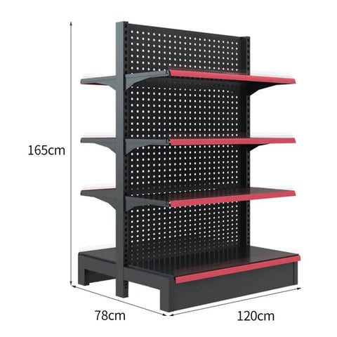 Hardcore Heavy Duty Double Sided Metal Shelving Unit With Adjustable Four Tier Steel Storage Rack For Garage Kitchen Warehouse And Retail Display Stand, 165cm high, 120cm wide, black and red design.