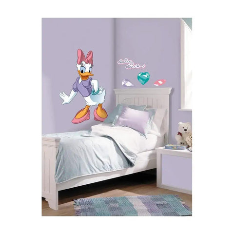 Mickey And Friends Daisy Duck Peel And Stick Giant Wall Decal 27.5 Inches Wide By 38.75 Inches Tall Easy To Apply Peel And Stick Repositionable With No Residue Made In The USA Kids Room Decor applied in a child's bedroom over a bed