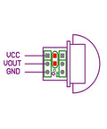Diagram of Three Pack Dope AM312 Pyroelectric PIR Motion Sensor Module showing VCC, VOUT, and GND connections.