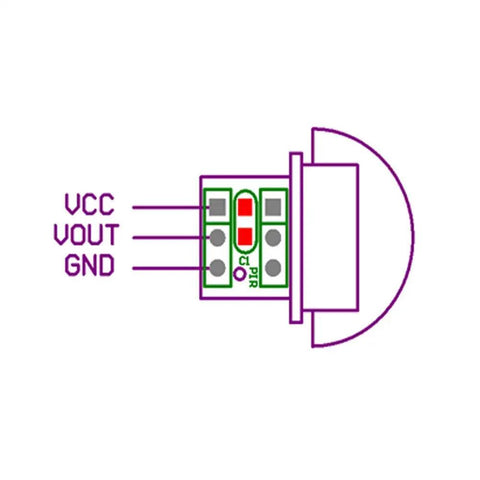 Diagram of Three Pack Dope AM312 Pyroelectric PIR Motion Sensor Module showing VCC, VOUT, and GND connections.