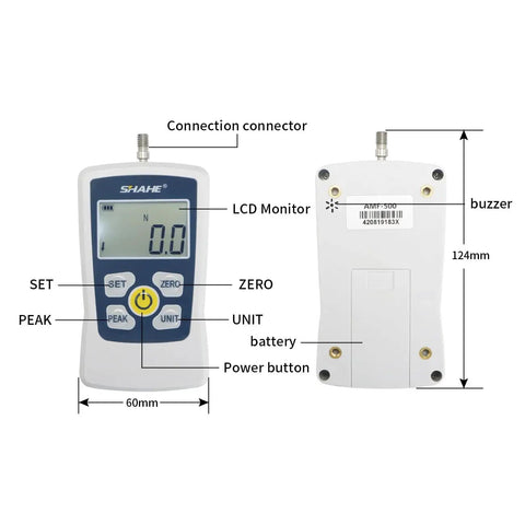Dope Portable Digital Push Pull Force Gauge With Auto Backlight LCD Four Units N Kg Lb Oz Storage Case Auto Power Off Buzzer Alarm Battery Included 3N Max Load AMF 3 front and back views, 60mm x 124mm