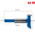 Side view of Amazon MASO Forstner hole saw bit, 50 mm diameter with blue and silver metal shaft for wood/plastic/plywood
