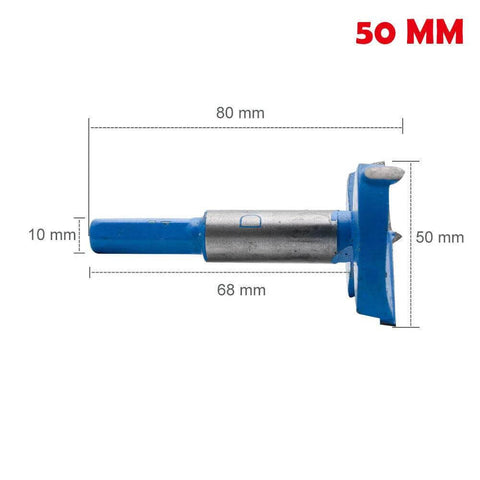 Side view of Amazon MASO Forstner hole saw bit, 50 mm diameter with blue and silver metal shaft for wood/plastic/plywood