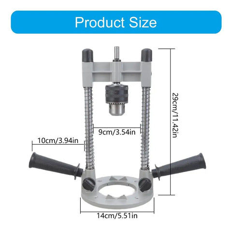 Pro Grade Drill Press Jig For Boss Level Precision In Vertical And 90 Degree Angled Boring Portable Attachment with size dimensions shown