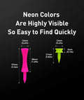 Castle Golf Tees Set diagram showing pink and green durable plastic step-down tees with dimensions 2 1/4 in and 1 1/2 in.