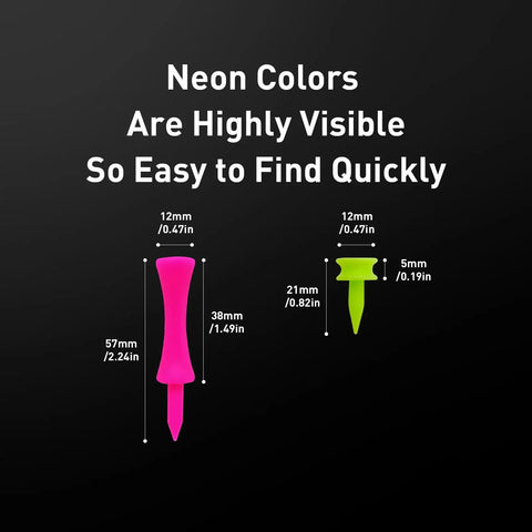 Castle Golf Tees Set diagram showing pink and green durable plastic step-down tees with dimensions 2 1/4 in and 1 1/2 in.