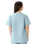 Women Snap Front Jewel Neck Scrub Top Double Cargo Pockets Misty Medium Cotton Polyester Blend Top view from back, soft fabric.