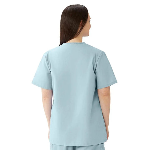 Women Snap Front Jewel Neck Scrub Top Double Cargo Pockets Misty Medium Cotton Polyester Blend Top view from back, soft fabric.