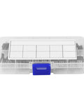 60 Piece Three Pin Transistor Assortment Kit Packing Top Shelf Semiconductor Gears And Beefy Noncontact Switch Blocks For Slick Workshop Mods Inside Neatly Sorted Plastic Crate in a clear plastic storage box.
