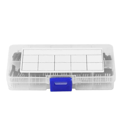 60 Piece Three Pin Transistor Assortment Kit Packing Top Shelf Semiconductor Gears And Beefy Noncontact Switch Blocks For Slick Workshop Mods Inside Neatly Sorted Plastic Crate in a clear plastic storage box.